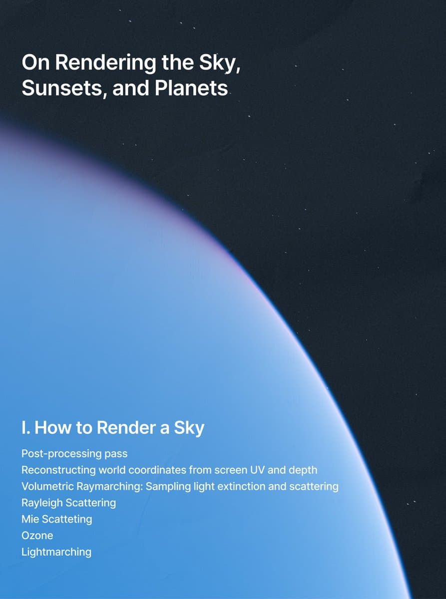 outline for my upcoming, and very much on theme, article on atmospheric scattering
felt inspired and made posters with photos of actual renders made with the techniques you’ll learn in it :)
very excited for this one https://t.co/wSjdQPyoI0